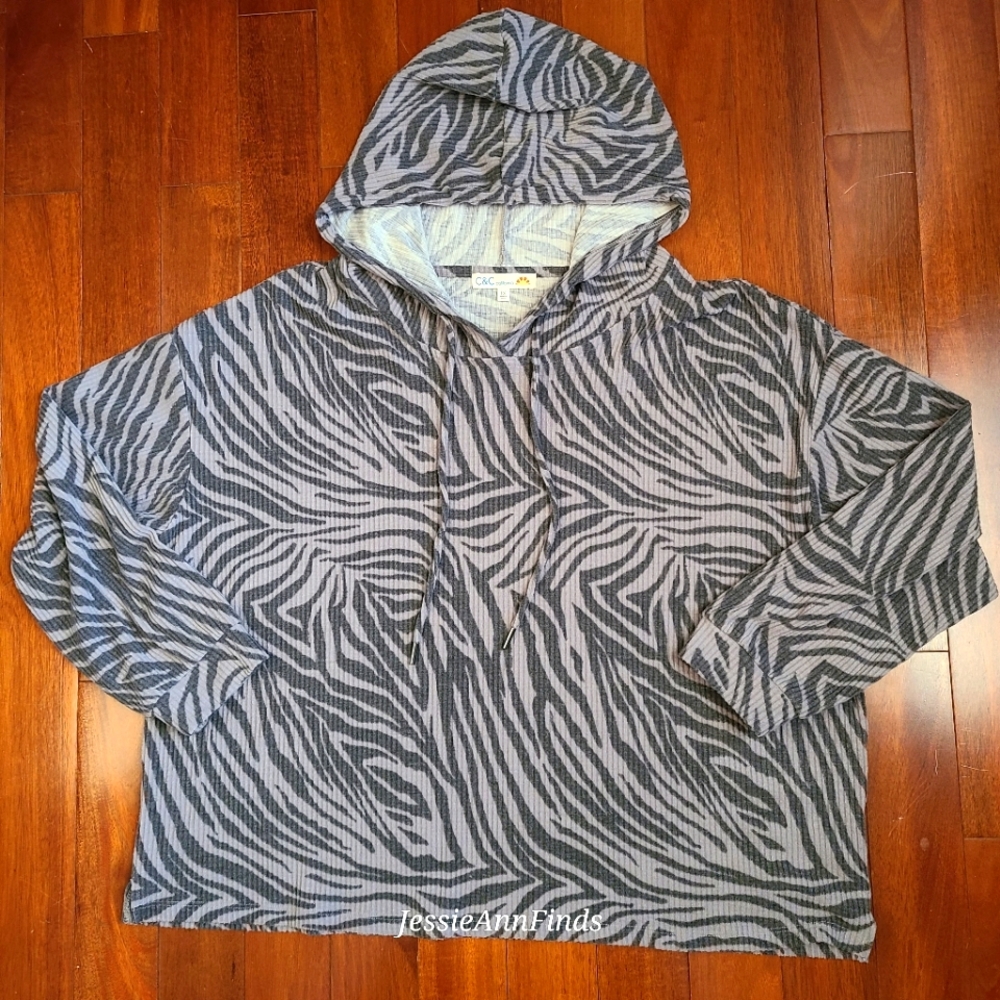 C & C California Black Gray Zebra Print Hoodie Size 1X